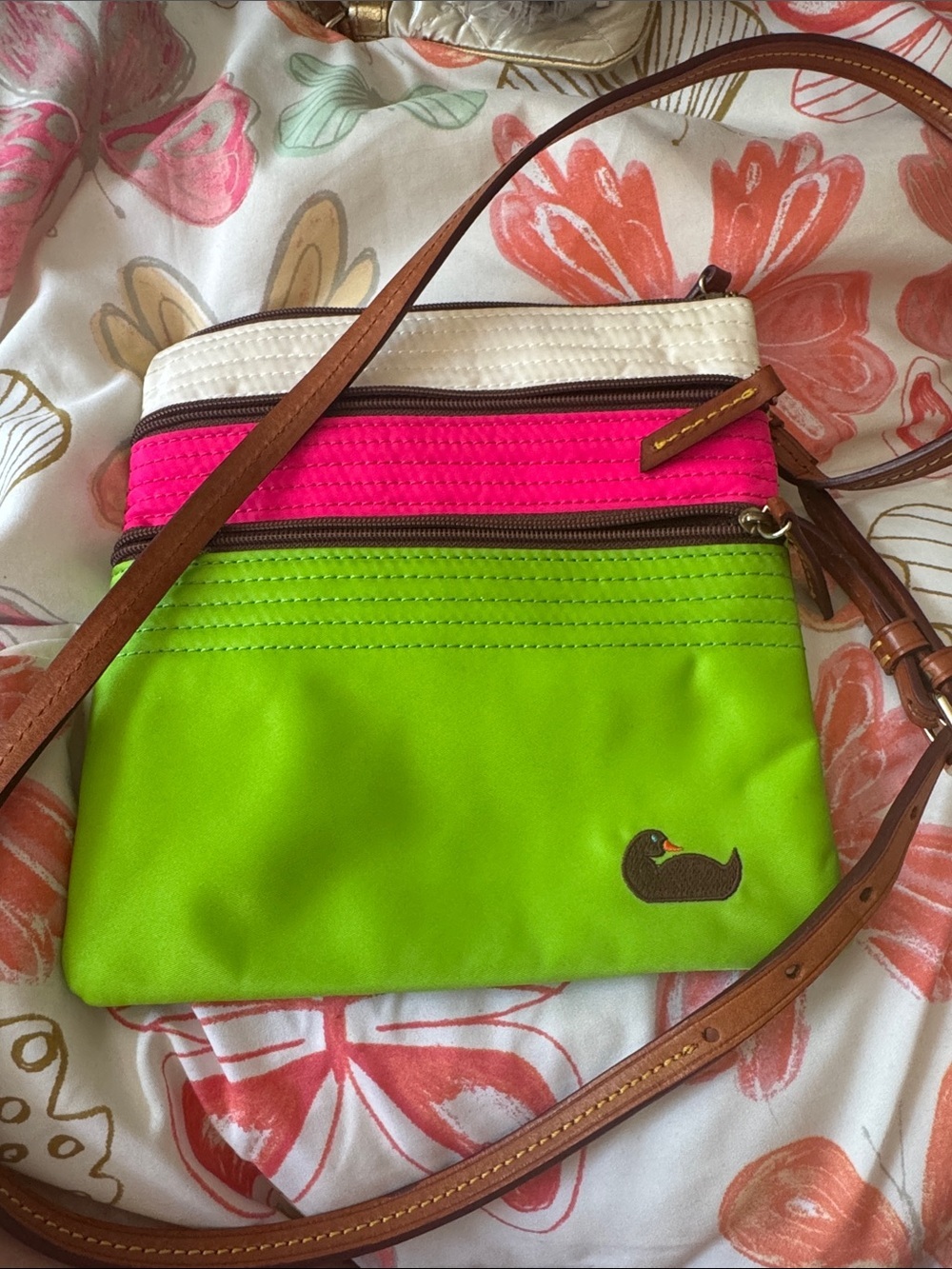 Dooney & Bourke Neon Green, Hot Pink & White Crossbody with Brown Strap